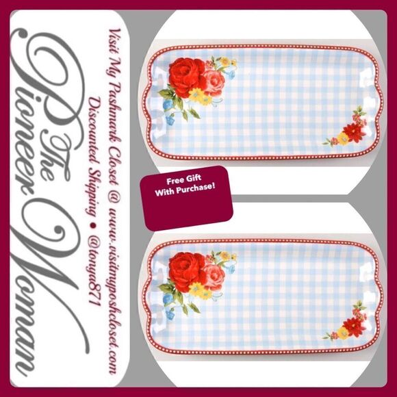 🦋 New Pioneer Woman Sweet Rose Serving Trays Set of 2, Blue Gingham Design - Picture 1 of 5